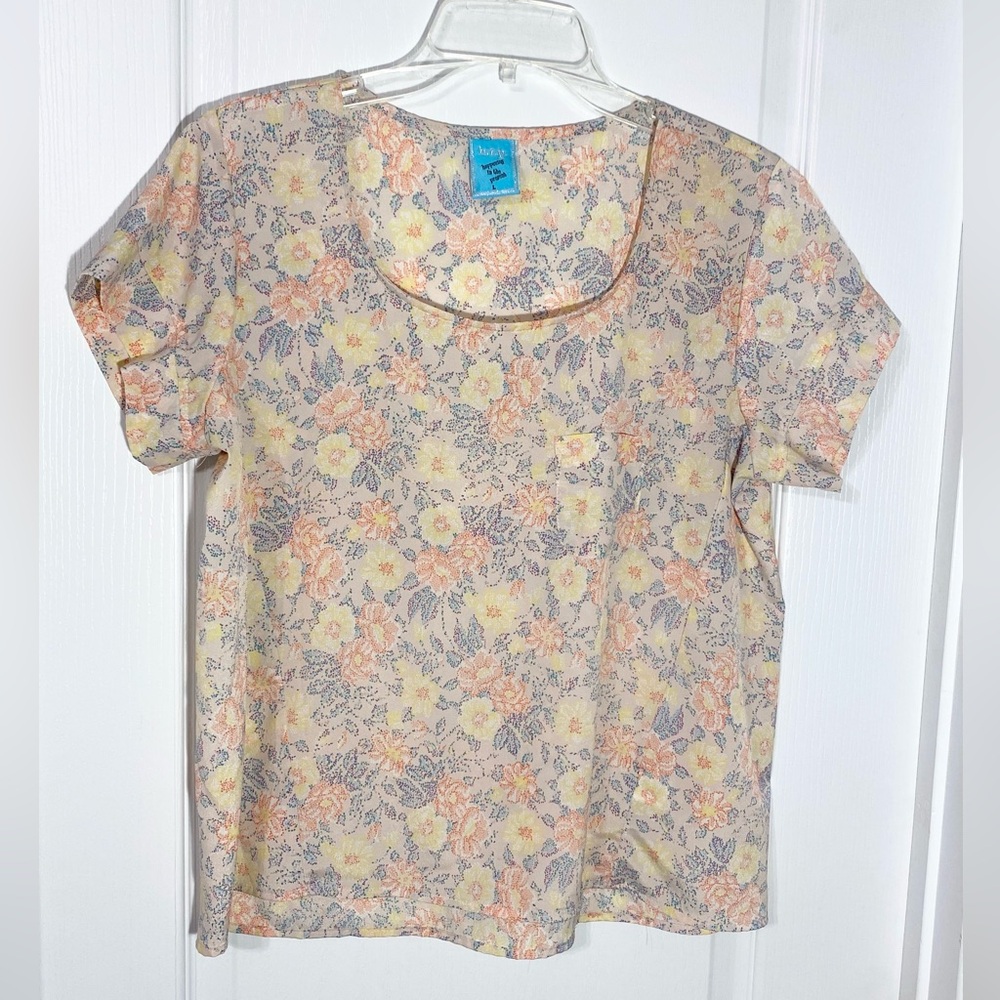 Y2K H.I.P. USA MADE Pastel Floral Short Cuffed Sleeve Boxy Pocket Blouse Pink L